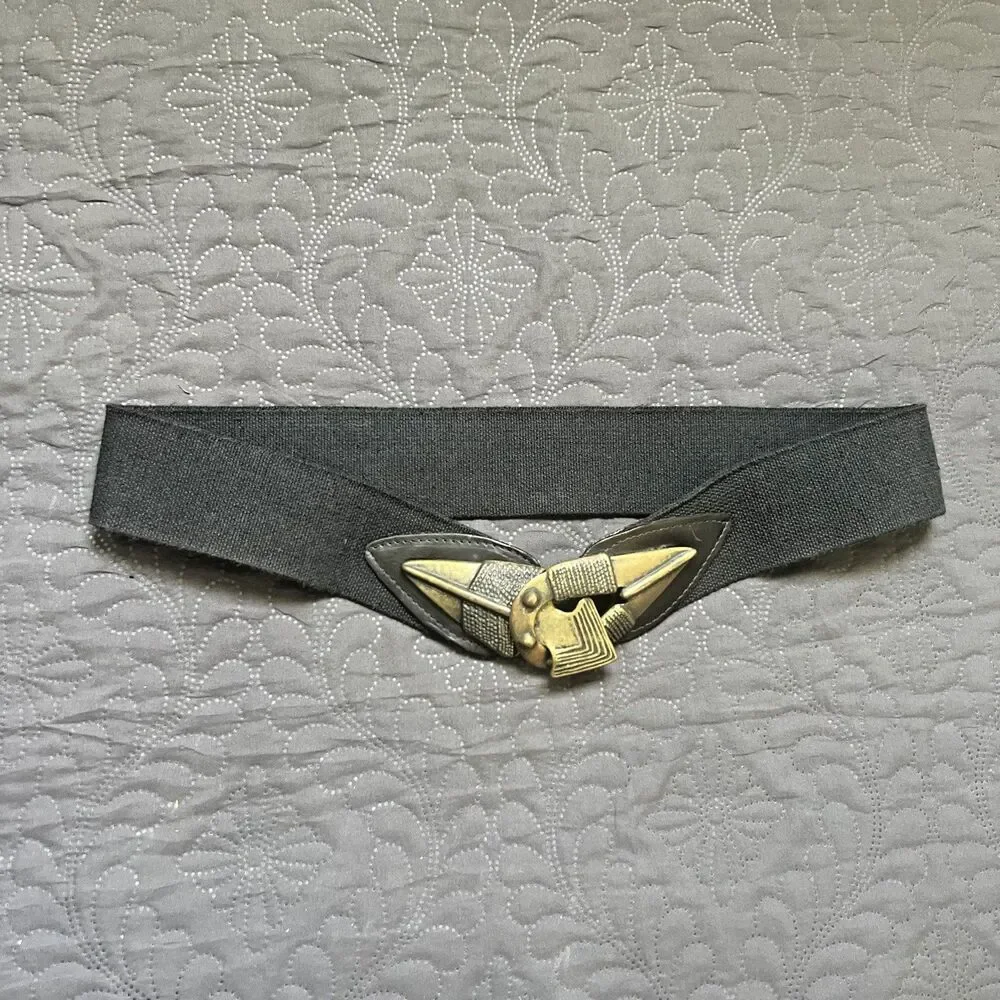 Vintage 1970’s Boho Hippy Black Stretch Belt w/Brass Arrowhead Buckle Indie Chic